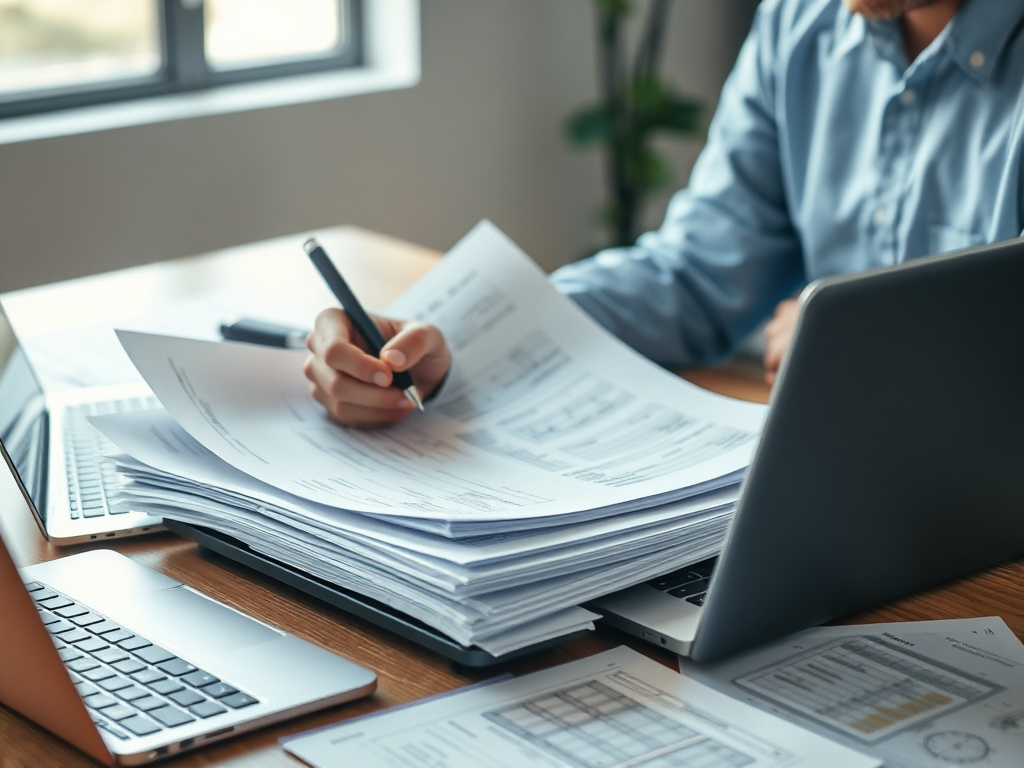 Engineering consultant reviewing spray foam specification documents at a desk with blueprints