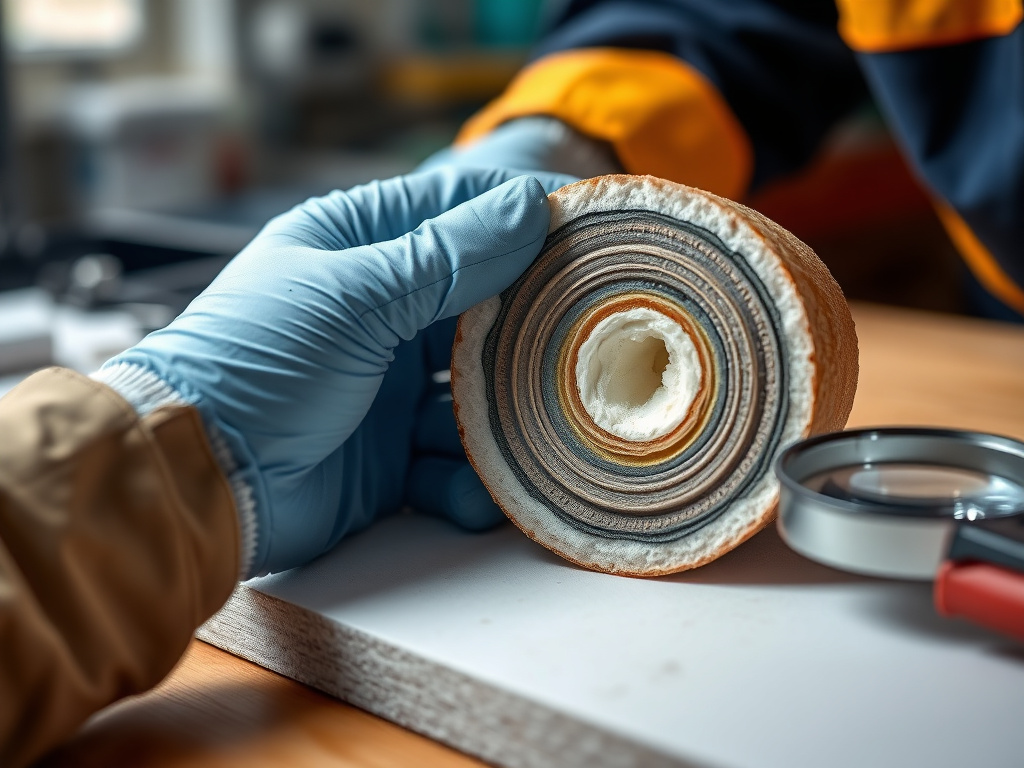 Engineer examining a cross-section of failed spray foam insulation during a forensic site investigation